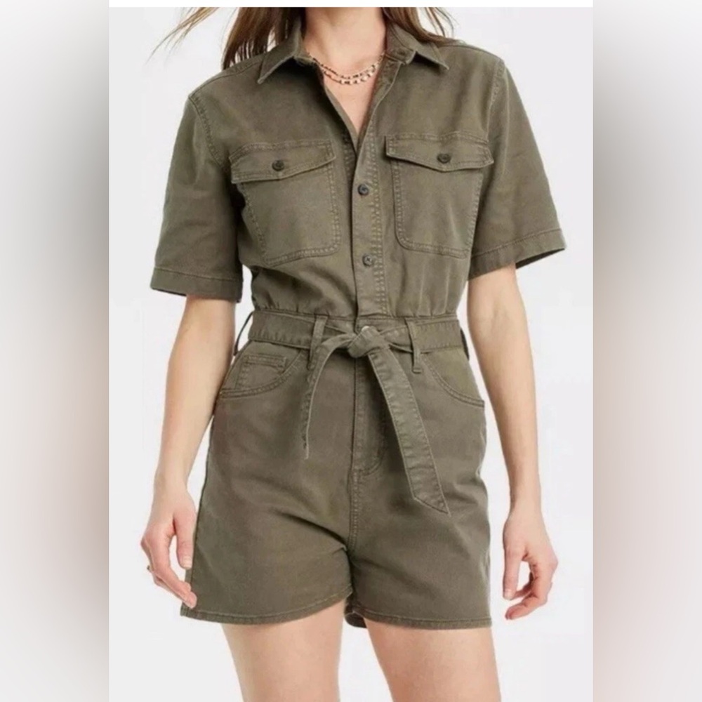 Women's Short Sleeve Denim Romper Universal Thread Olive Green Size 2